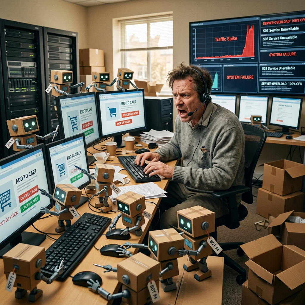Man wearing headset frustrated at workstation with many small robots and multiple screens showing e-commerce and system failure messages
